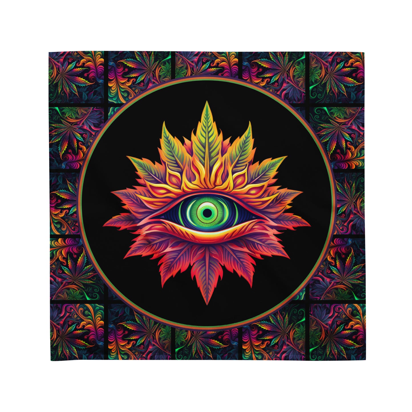 Cannabis with Eyes on Black Altar Cloth | Herbal Enlightenment Psychedelic Style Tarot Cloth | Weed Themed | "Third Eye"