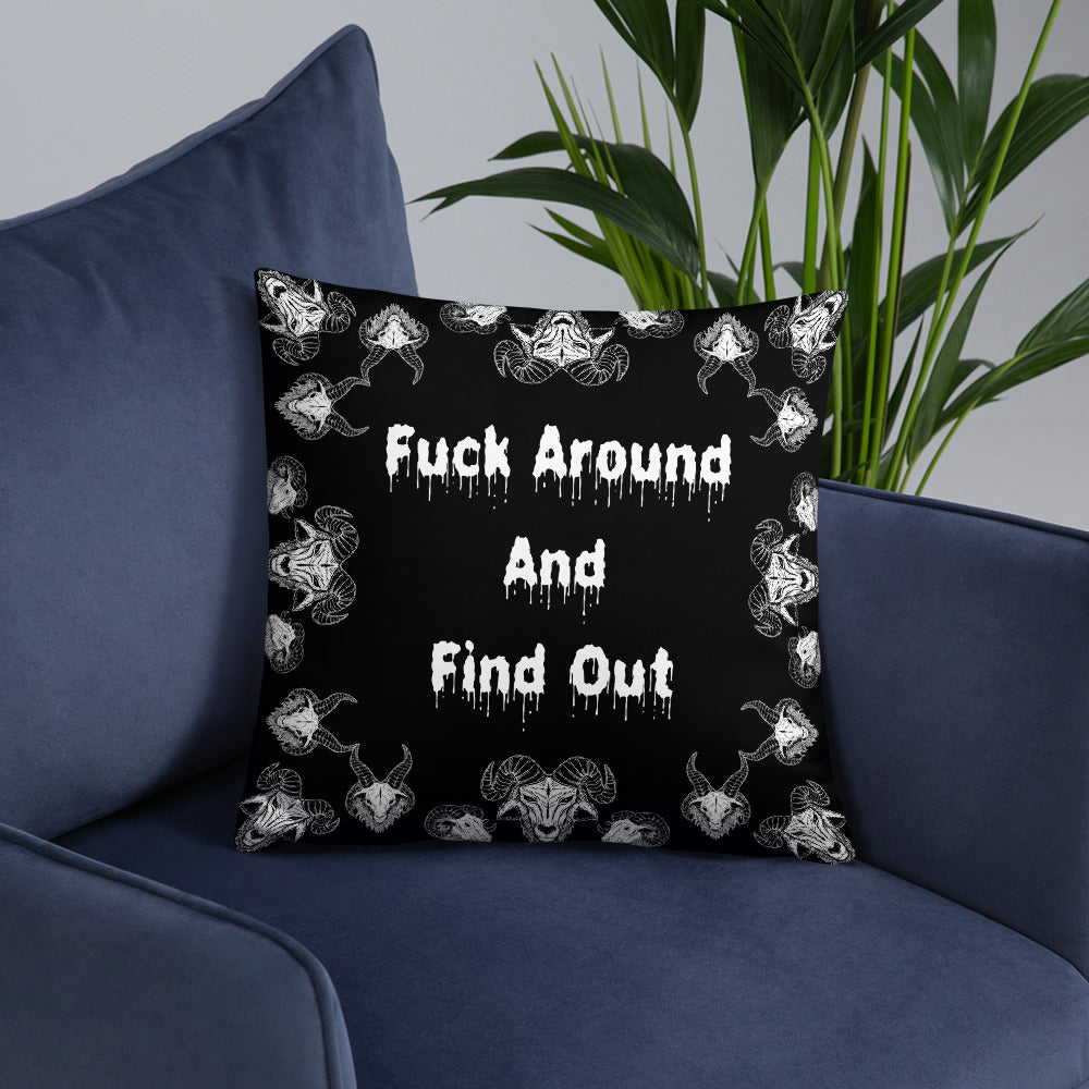 Goats Horns Warning Message Black Throw Pillow or Pillowcase | Fuck Around Find Out Decorative Pillow | Horror Themed Home Decor | "Fuck Around"