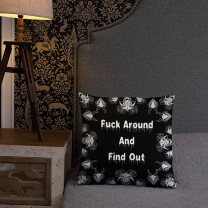 Goats Horns Warning Message Black Throw Pillow or Pillowcase | Fuck Around Find Out Decorative Pillow | Horror Themed Home Decor | "Fuck Around"