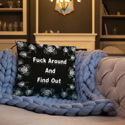 Goats Horns Warning Message Black Throw Pillow or Pillowcase | Fuck Around Find Out Decorative Pillow | Horror Themed Home Decor | "Fuck Around"