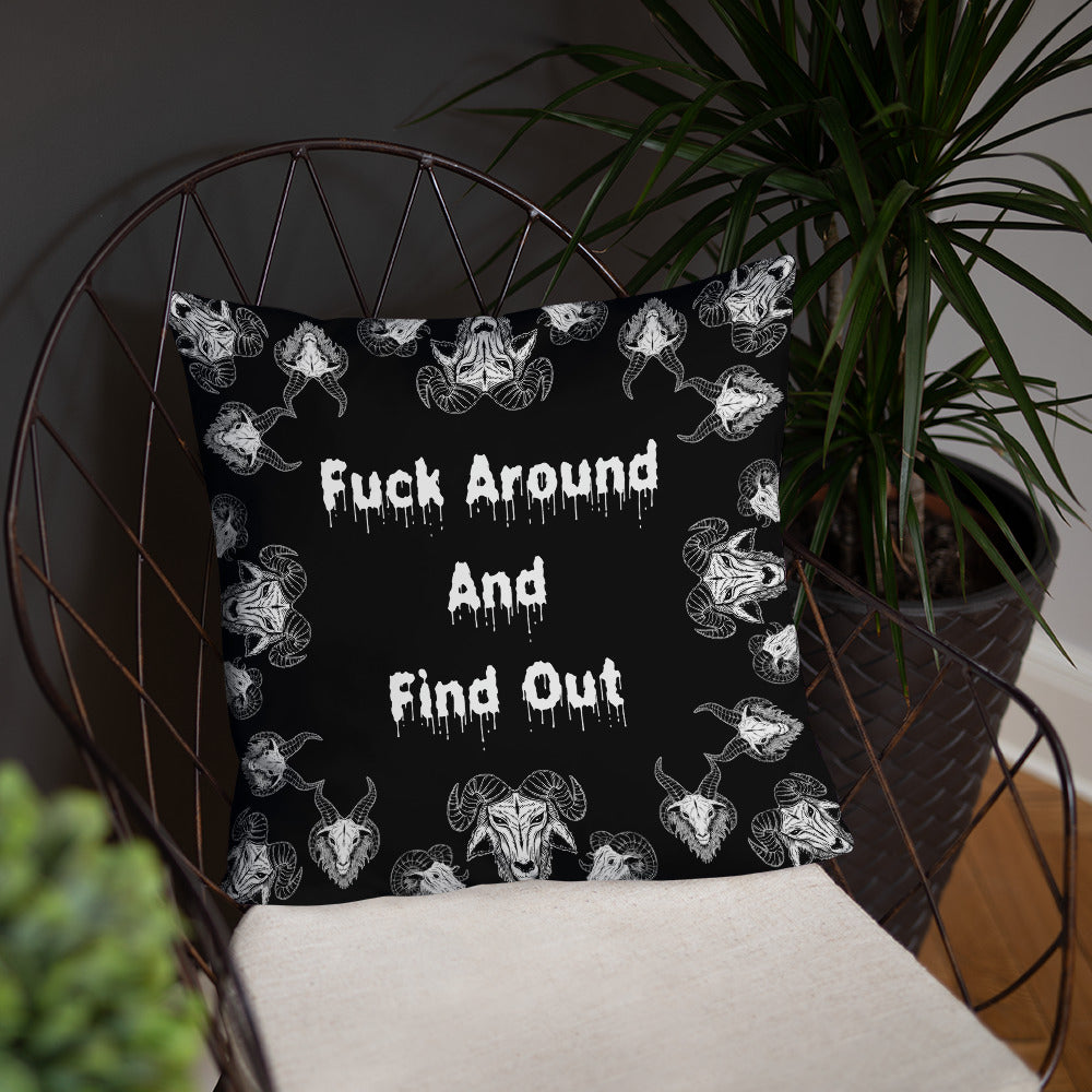 Goats Horns Warning Message Black Throw Pillow or Pillowcase | Fuck Around Find Out Decorative Pillow | Horror Themed Home Decor | "Fuck Around"