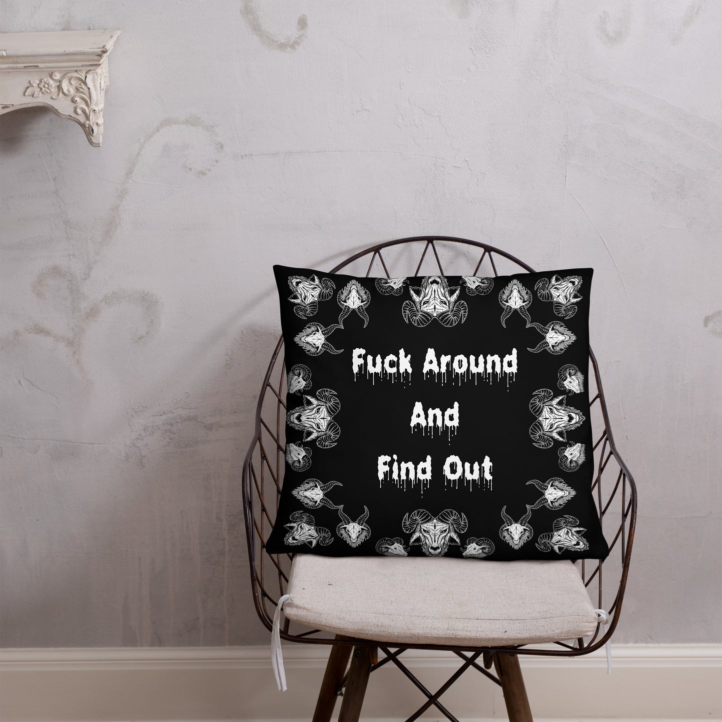 Goats Horns Warning Message Black Throw Pillow or Pillowcase | Fuck Around Find Out Decorative Pillow | Horror Themed Home Decor | "Fuck Around"