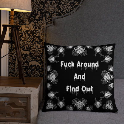 Goats Horns Warning Message Black Throw Pillow or Pillowcase | Fuck Around Find Out Decorative Pillow | Horror Themed Home Decor | "Fuck Around"