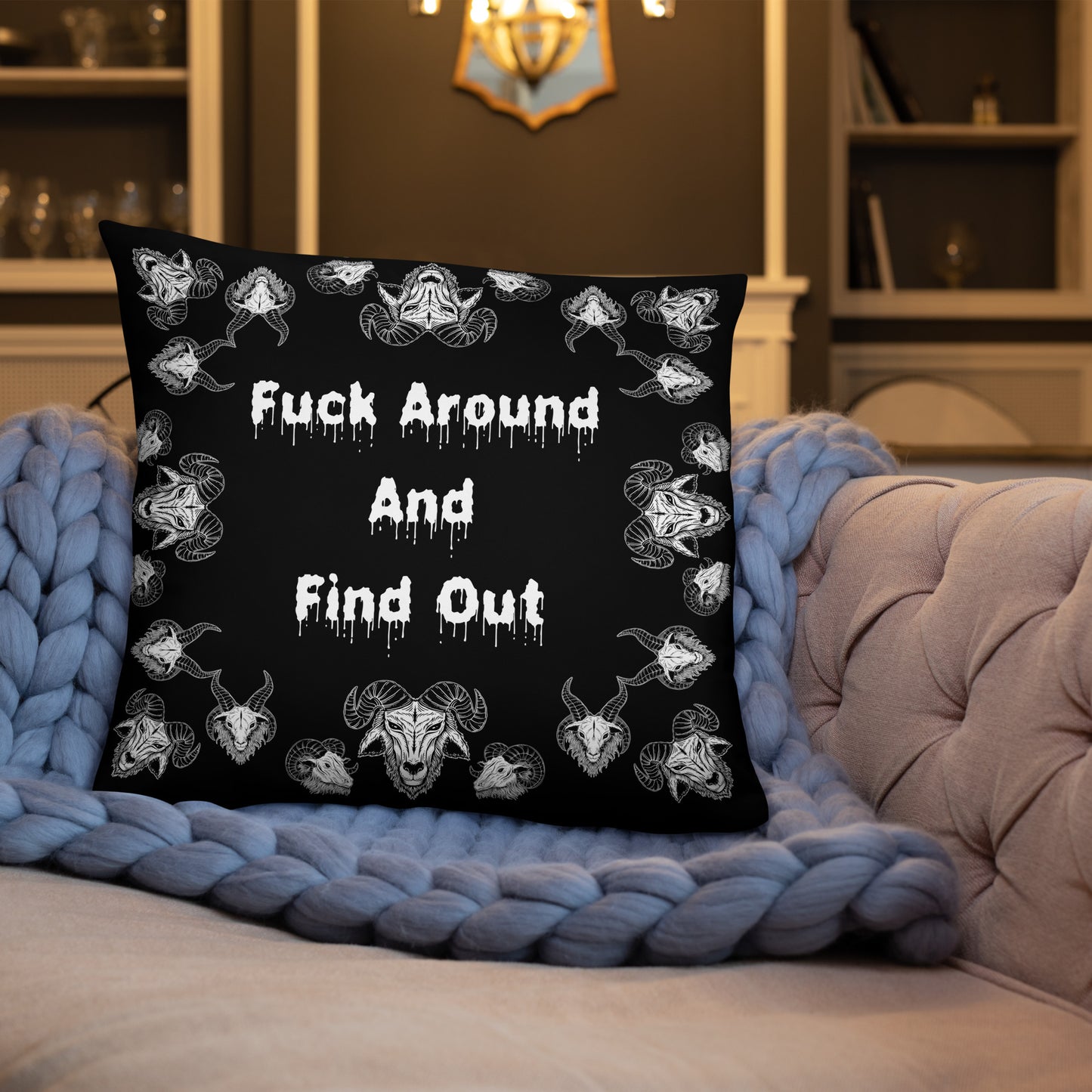 Goats Horns Warning Message Black Throw Pillow or Pillowcase | Fuck Around Find Out Decorative Pillow | Horror Themed Home Decor | "Fuck Around"