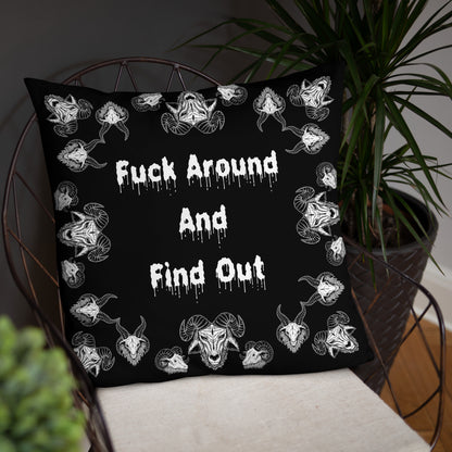 Goats Horns Warning Message Black Throw Pillow or Pillowcase | Fuck Around Find Out Decorative Pillow | Horror Themed Home Decor | "Fuck Around"