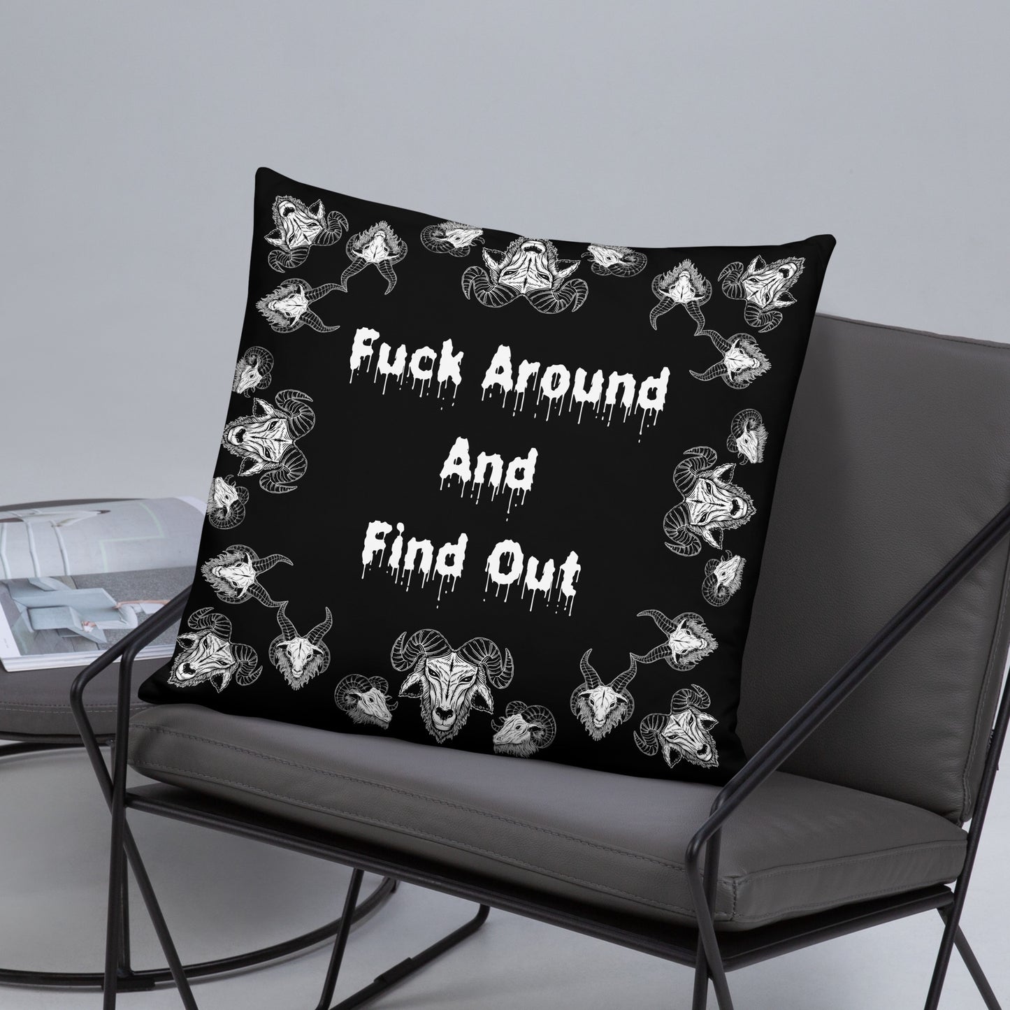 Goats Horns Warning Message Black Throw Pillow or Pillowcase | Fuck Around Find Out Decorative Pillow | Horror Themed Home Decor | "Fuck Around"