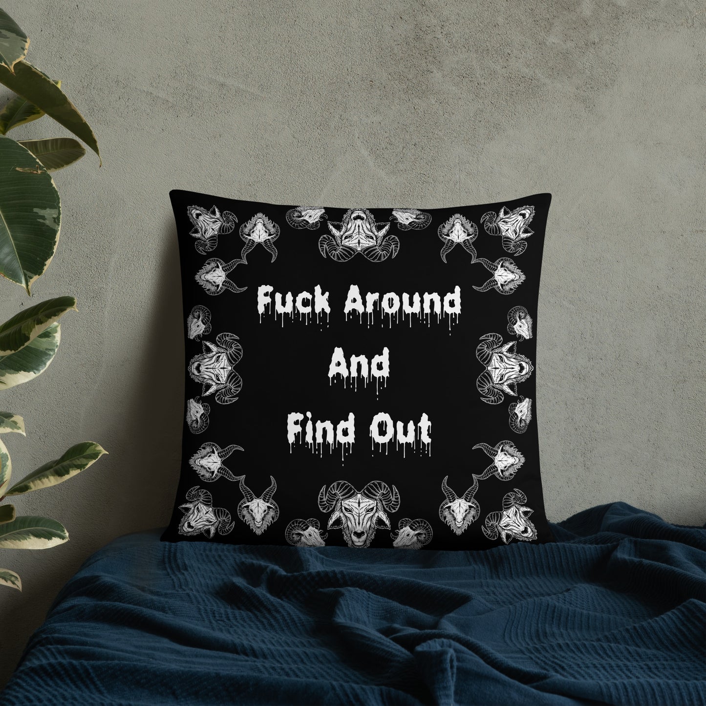 Goats Horns Warning Message Black Throw Pillow or Pillowcase | Fuck Around Find Out Decorative Pillow | Horror Themed Home Decor | "Fuck Around"