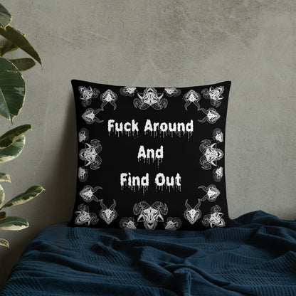 Goats Horns Warning Message Black Throw Pillow or Pillowcase | Fuck Around Find Out Decorative Pillow | Horror Themed Home Decor | "Fuck Around"