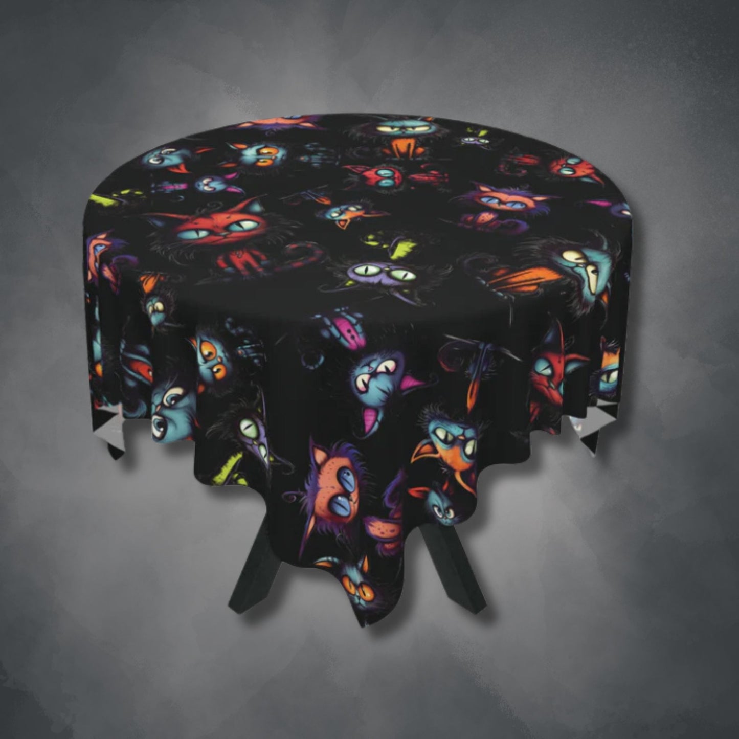 Scary Cartoon Style Cat Tablecloth | Spooky Kitties Kitchen Table Cover | Cat Art Themed Dining Decor | "Feline Combine"