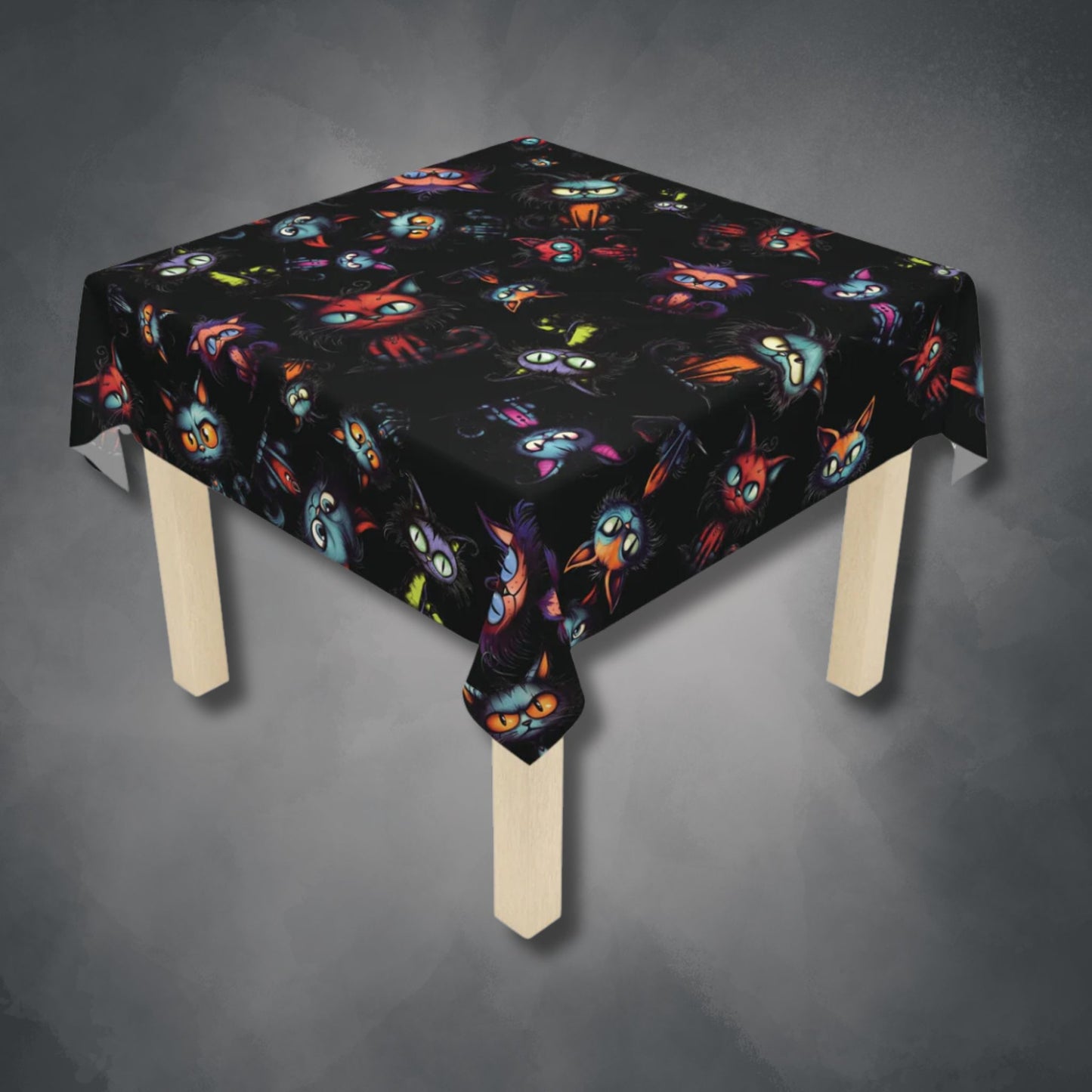 Scary Cartoon Style Cat Tablecloth | Spooky Kitties Kitchen Table Cover | Cat Art Themed Dining Decor | "Feline Combine"