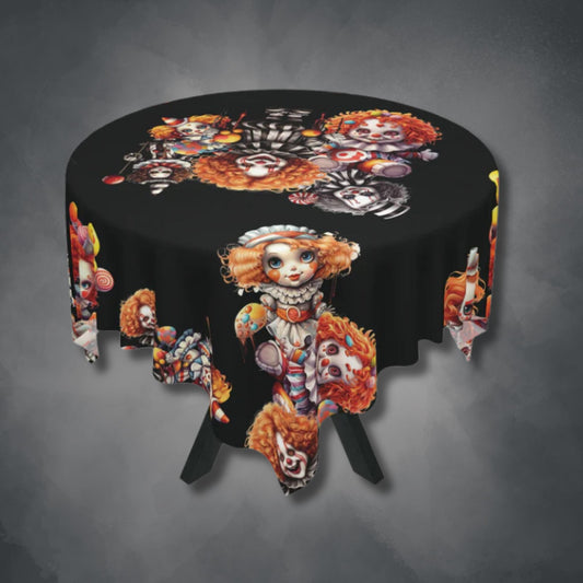 Scary Clowns Tablecloth | Spooky Clown Kids Kitchen Table Cover | Horror Themed Dining Decor | "Want Some Candy?"